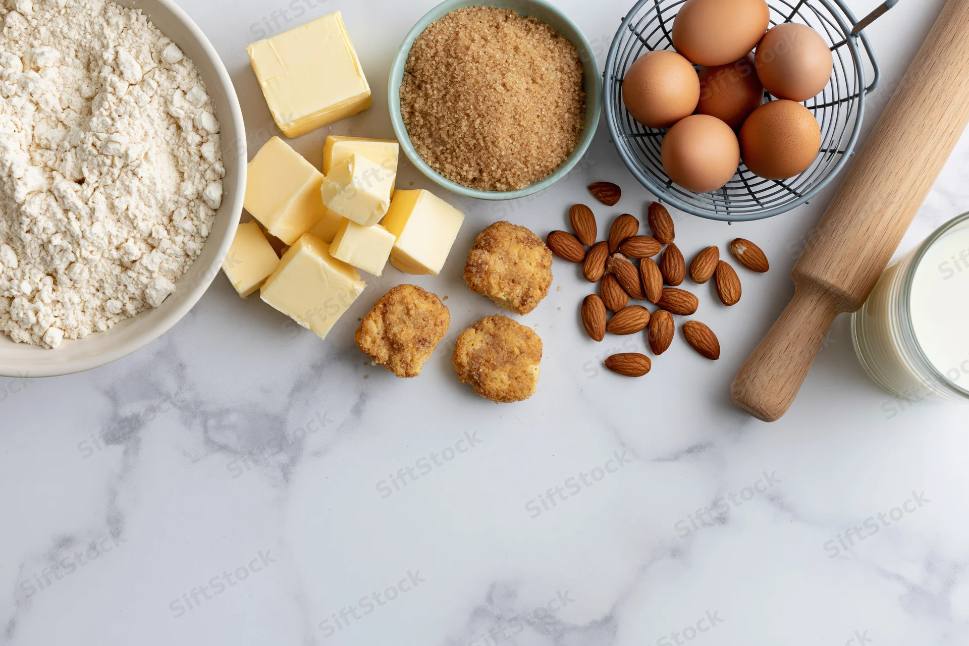 Baking ingredients arranged on a marble countertop with copyspace