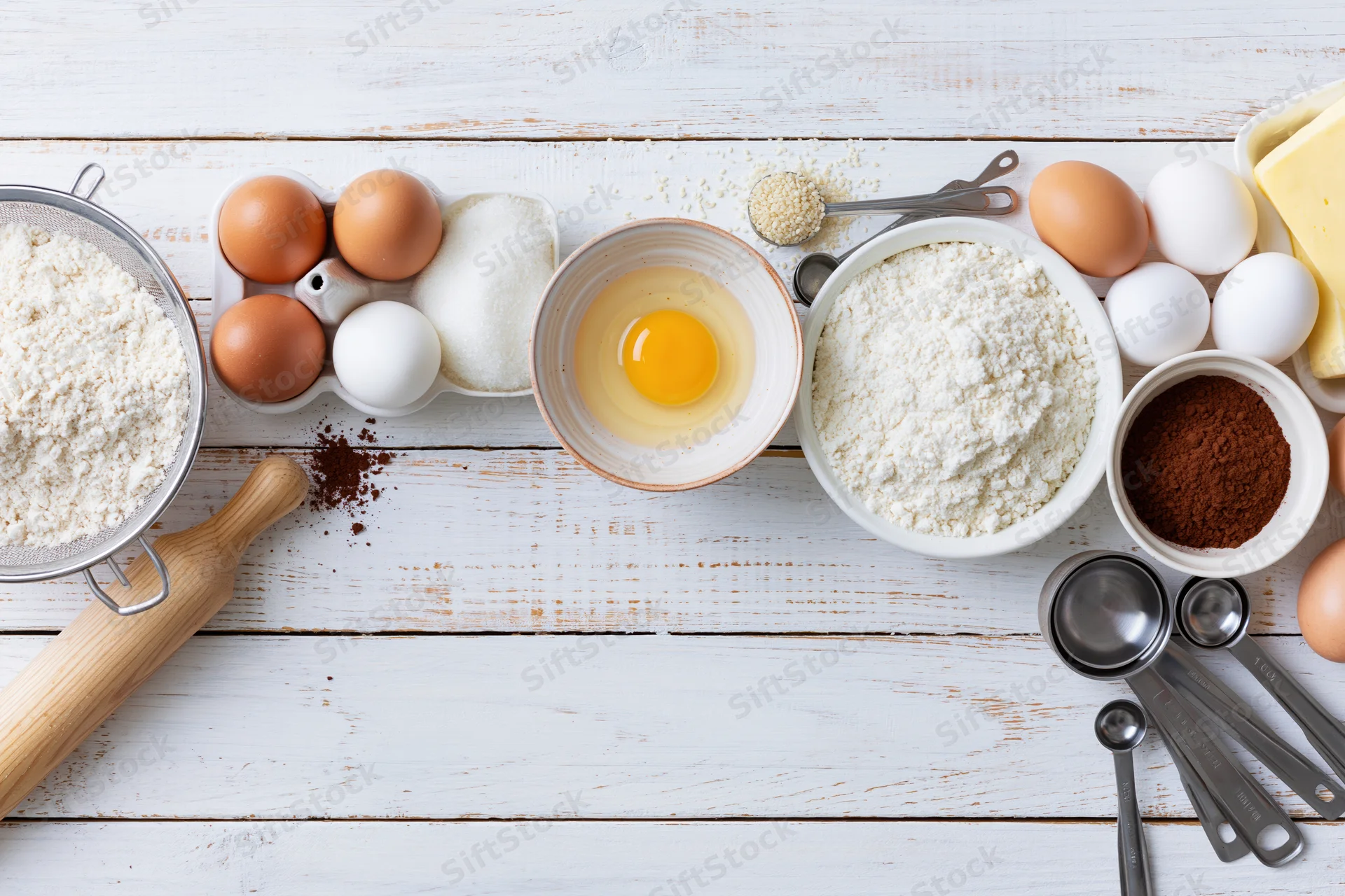 Baking ingredients arranged on a white wooden countertop in overhead flat lay view