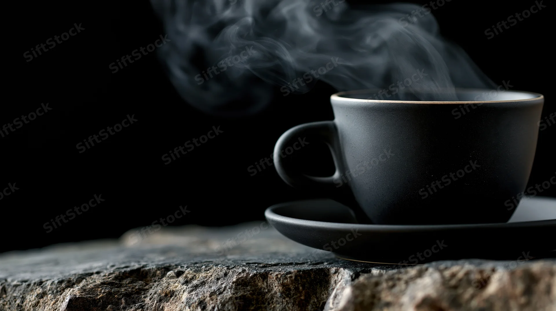 Black ceramic coffee cup steaming on a stone surface with dark background