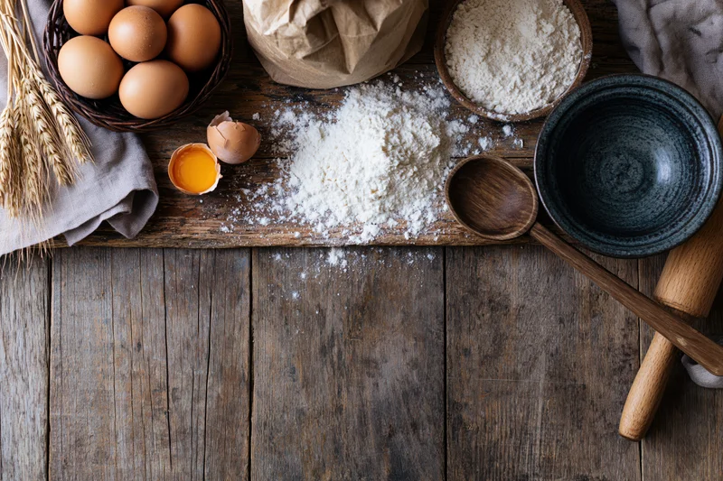 Baking ingredients arranged on a wooden table with flour, eggs, and utensils for homemade bread preparation