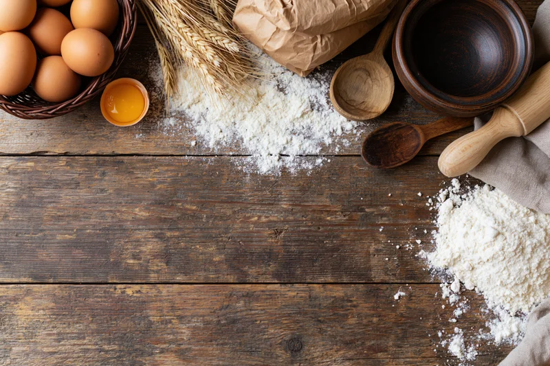Baking ingredients arranged on a wooden table with copyspace