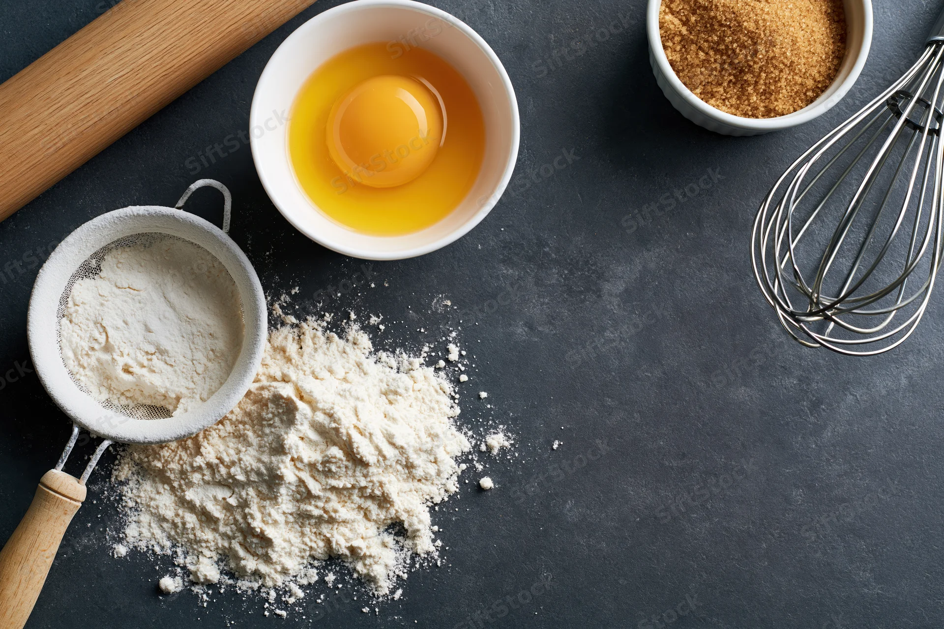 Baking ingredients arranged on dark countertop with sifter, whisk and rolling pin