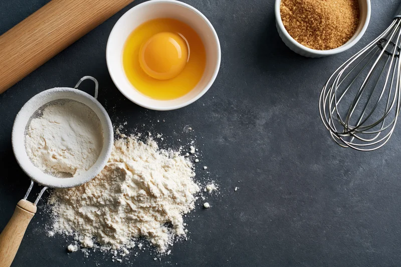 Baking ingredients arranged on dark countertop with sifter, whisk and rolling pin