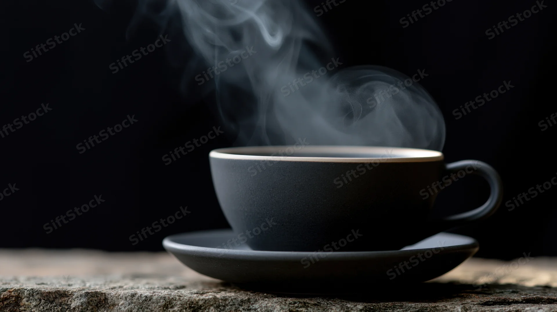 Steaming black coffee cup on a stone surface against a dark background