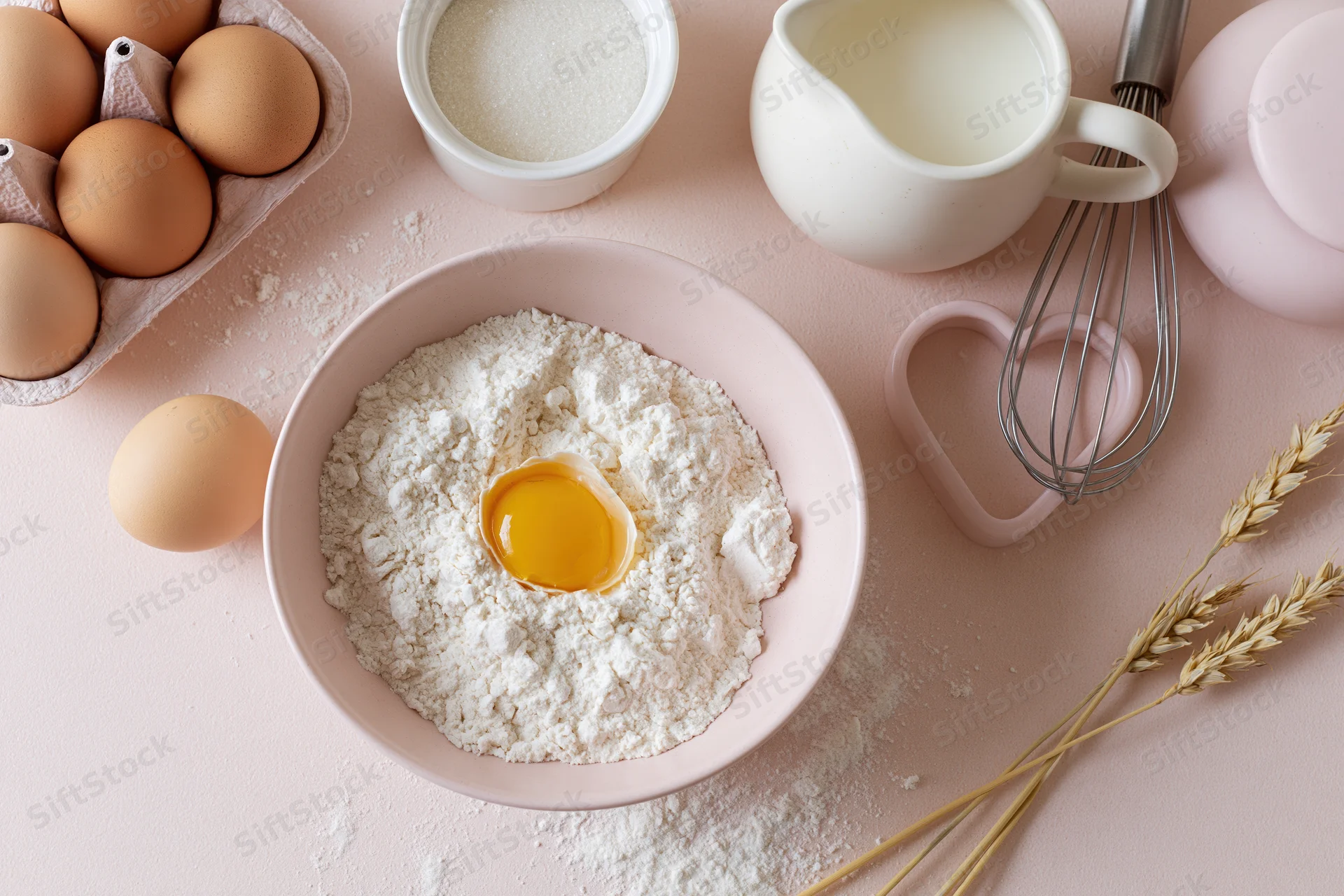 Flour and egg in a pink bowl surrounded by baking ingredients on a pink countertop