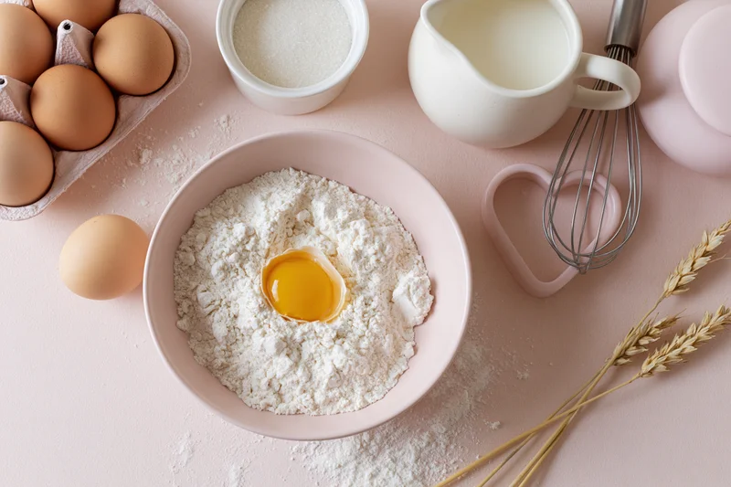 Flour Bowl with Egg and Milk for Fresh Home Baking