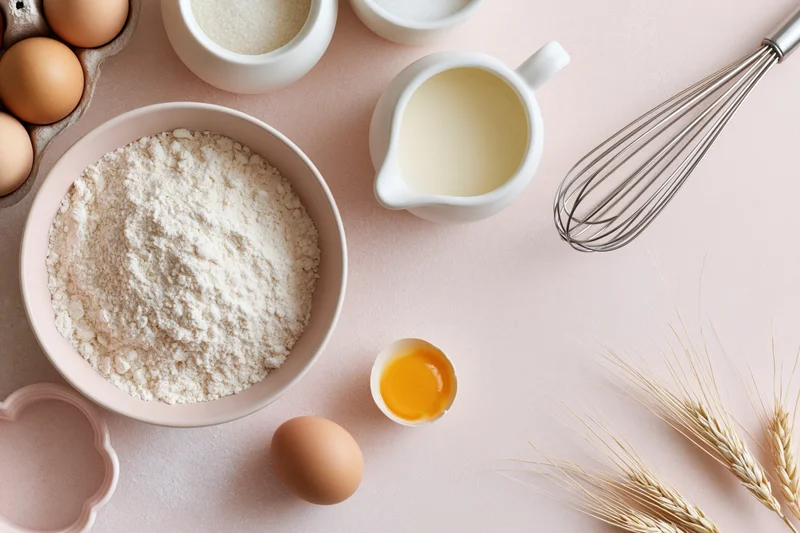 Baking ingredients arranged on a pink surface with flour, eggs, milk, whisk and wheat stalks