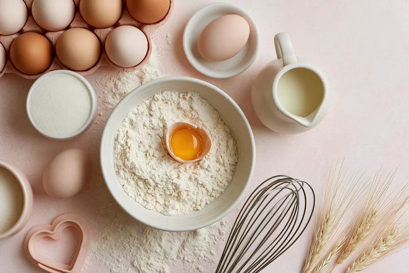 Baking ingredients arranged on pink surface with flour, egg, milk, wheat, whisk and heart-shaped cutter