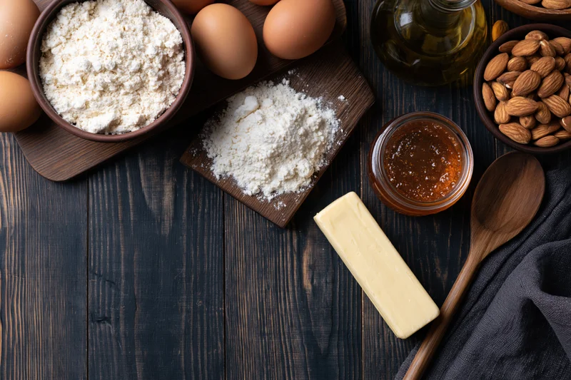 Baking ingredients arranged on dark wooden surface with copyspace