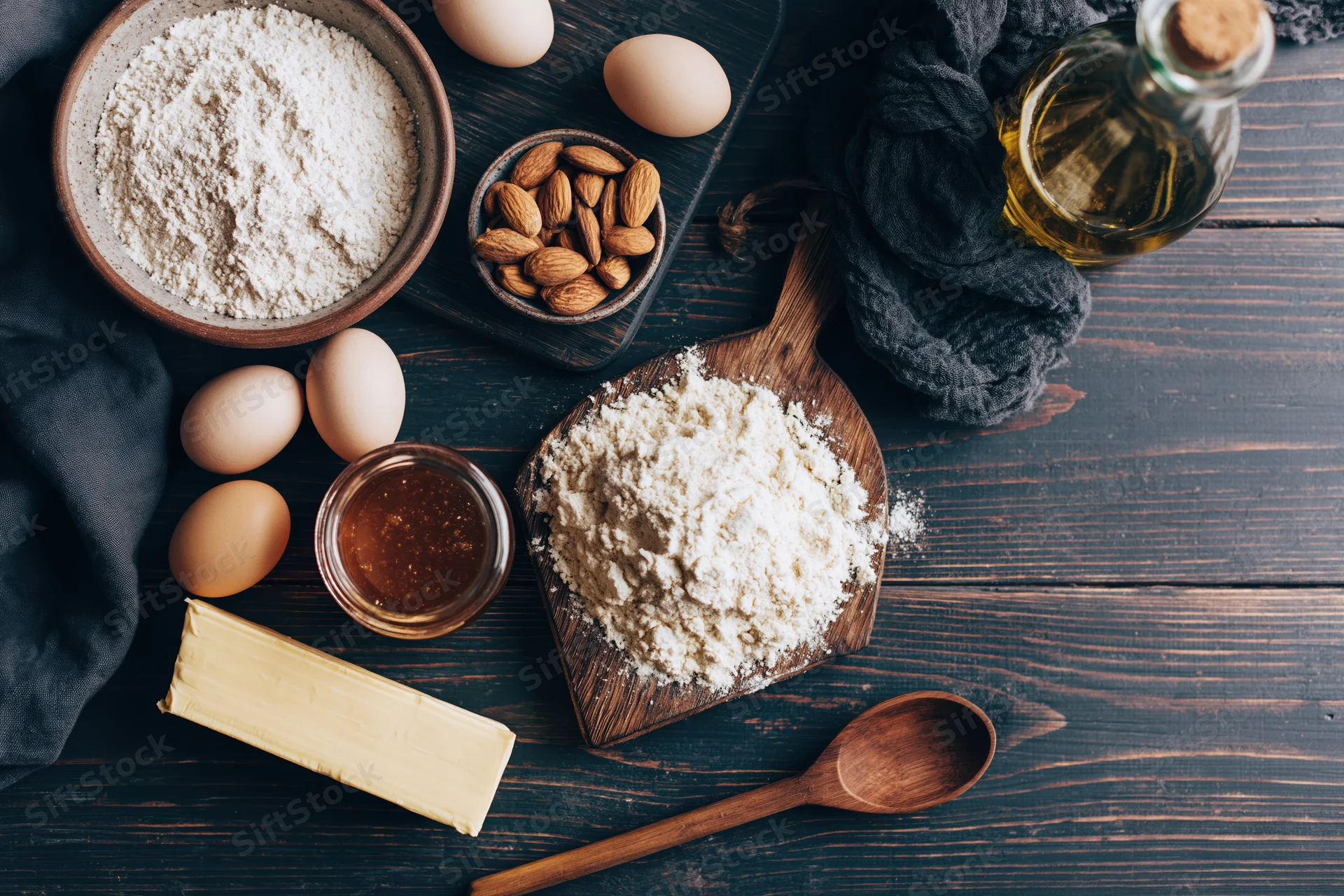 Baking ingredients arranged on a dark wooden table with flour, eggs, butter, almonds, honey and oil in bowls and containers