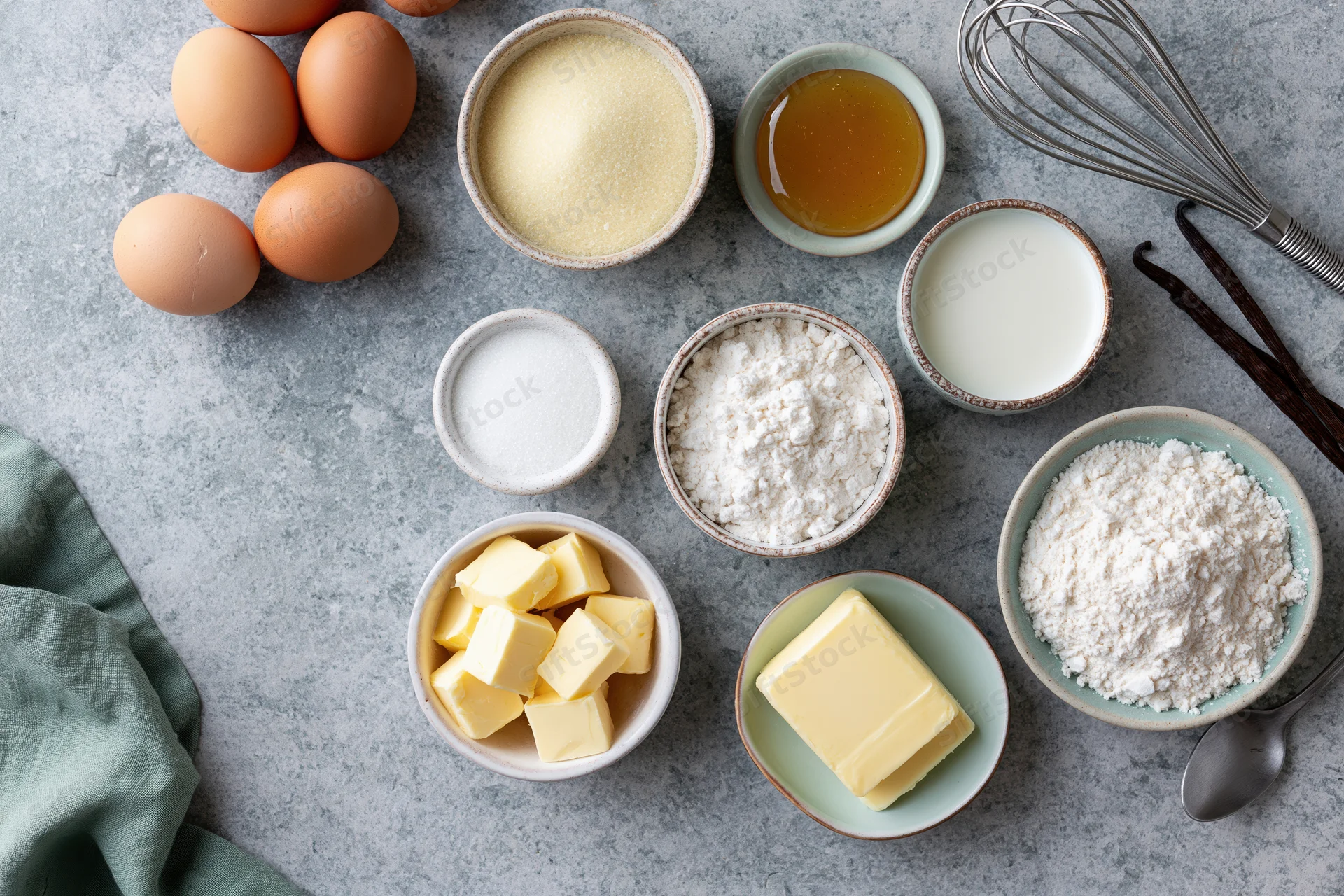 Baking ingredients arranged on a gray countertop in a flat lay overhead view