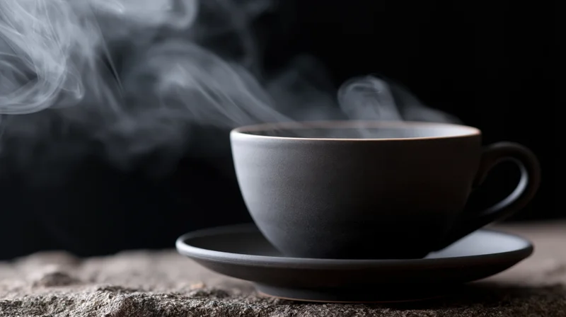 Steaming black coffee cup on a stone surface with rising steam against a dark background
