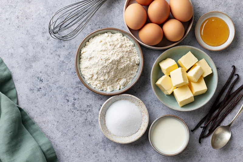 Baking ingredients arranged on a gray countertop with bowls of flour, eggs, butter, sugar, milk, vanilla beans, a whisk and spoon in overhead flat lay view