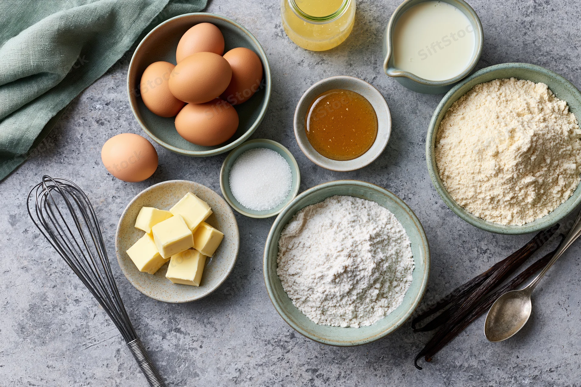 Baking ingredients arranged on a gray countertop with bowls of flour, eggs, butter, sugar, milk, honey, and vanilla, including a whisk and spoon