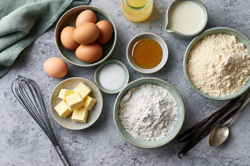 Baking ingredients arranged on a gray countertop with bowls of flour, eggs, butter, sugar, milk, honey, and vanilla, including a whisk and spoon