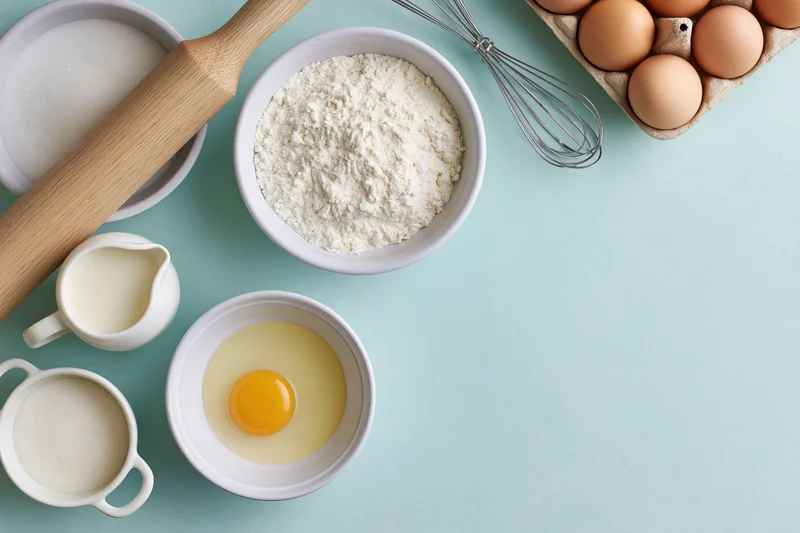 Baking ingredients arranged on a light blue surface with copyspace for recipe text