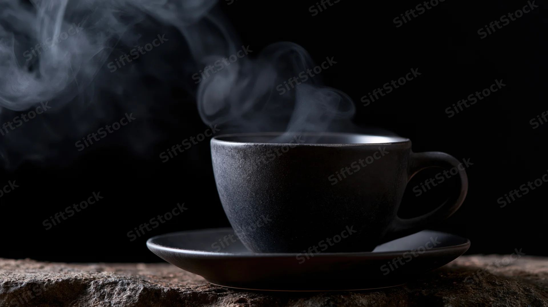 Steaming black coffee cup on a stone surface against a dark background