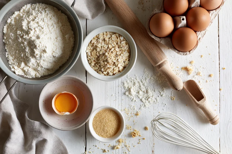 Baking ingredients arranged on a white wooden surface with utensils and bowls