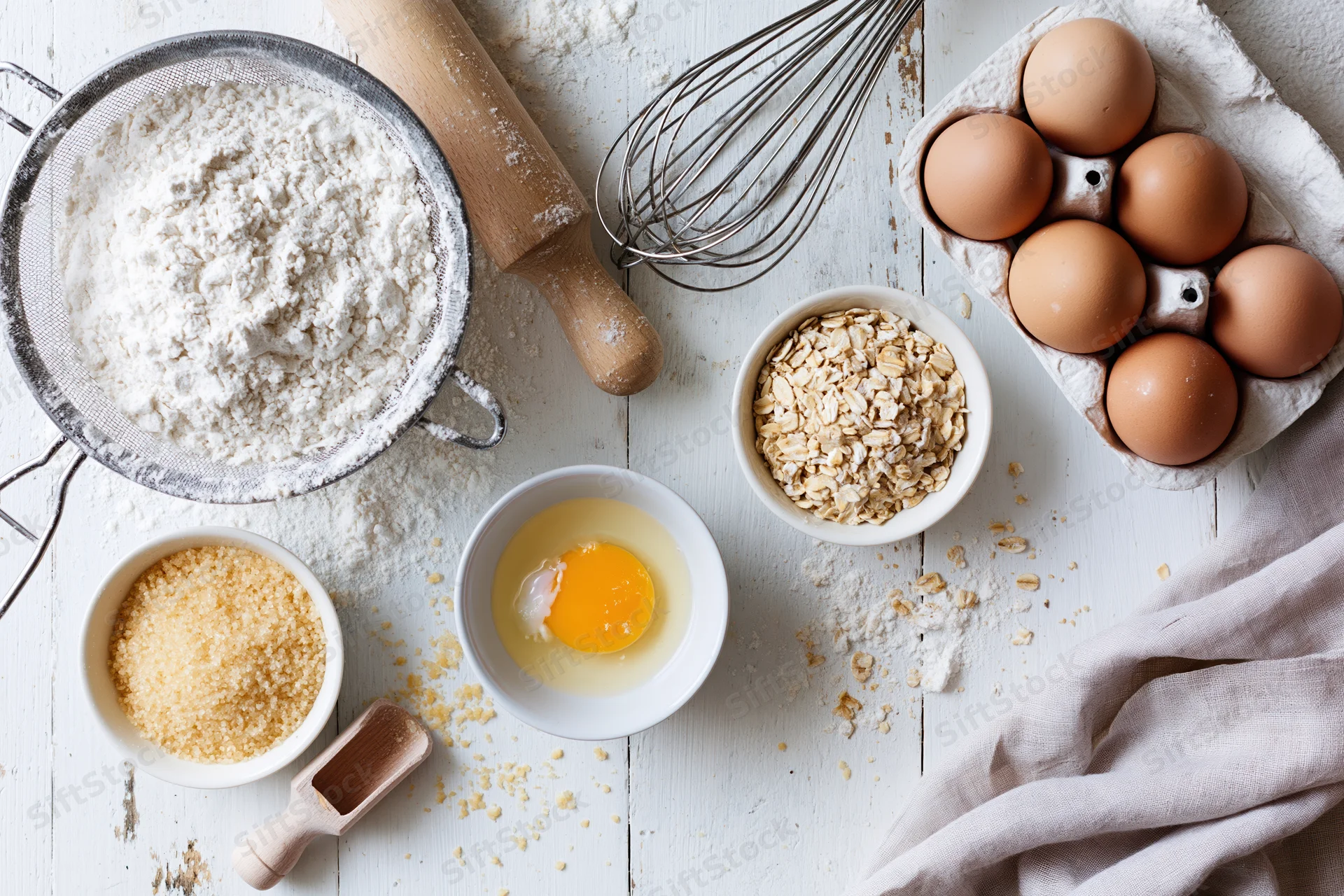 Baking ingredients arranged on a white wooden surface with a rolling pin, whisk, and bowls of flour, eggs, oats, and sugar
