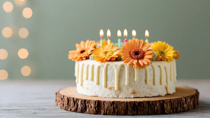 White frosted birthday cake with lit candles and orange yellow gerbera flowers on wooden stand