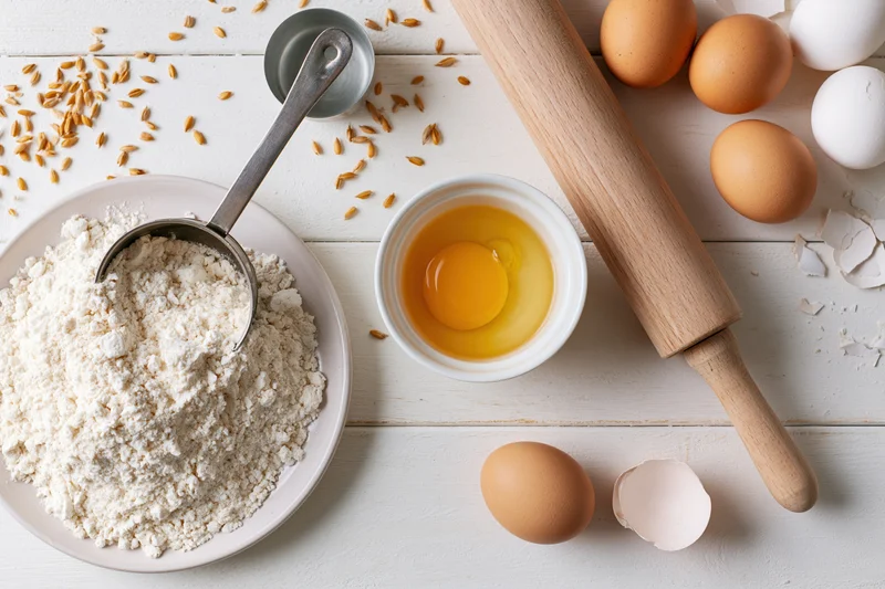 Baking ingredients arranged on a white wooden table with flour, eggs, rolling pin and measuring cup in a flat lay composition