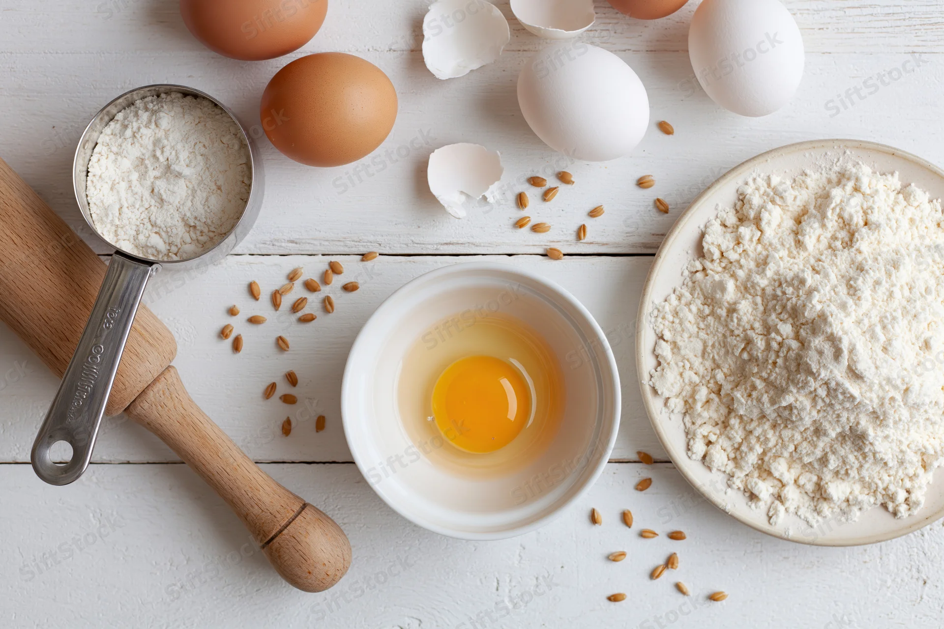 Baking ingredients arranged on white wooden surface with rolling pin, flour, eggs and bowl of yolk