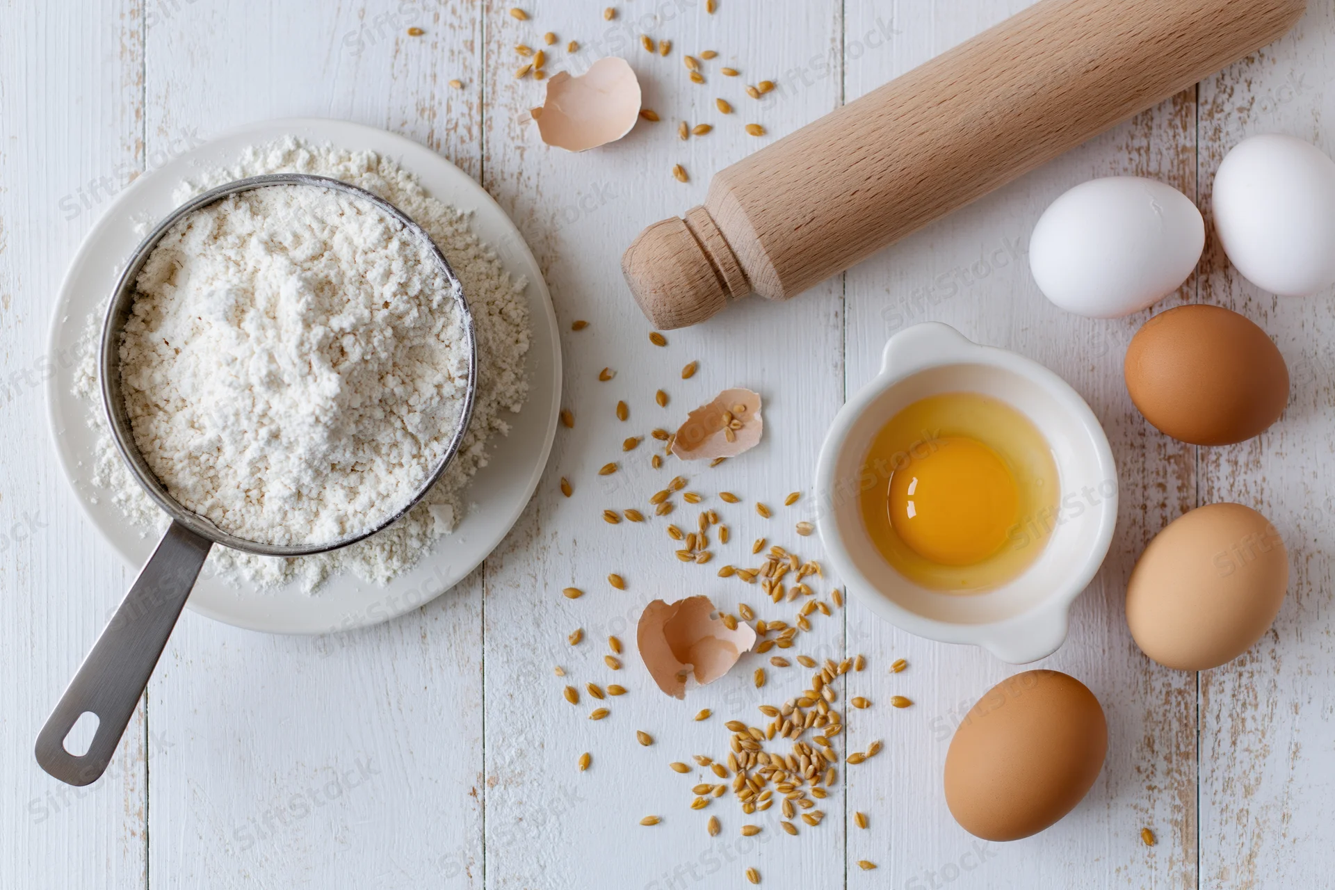 Baking ingredients including flour, eggs, and a rolling pin arranged on a white wooden table