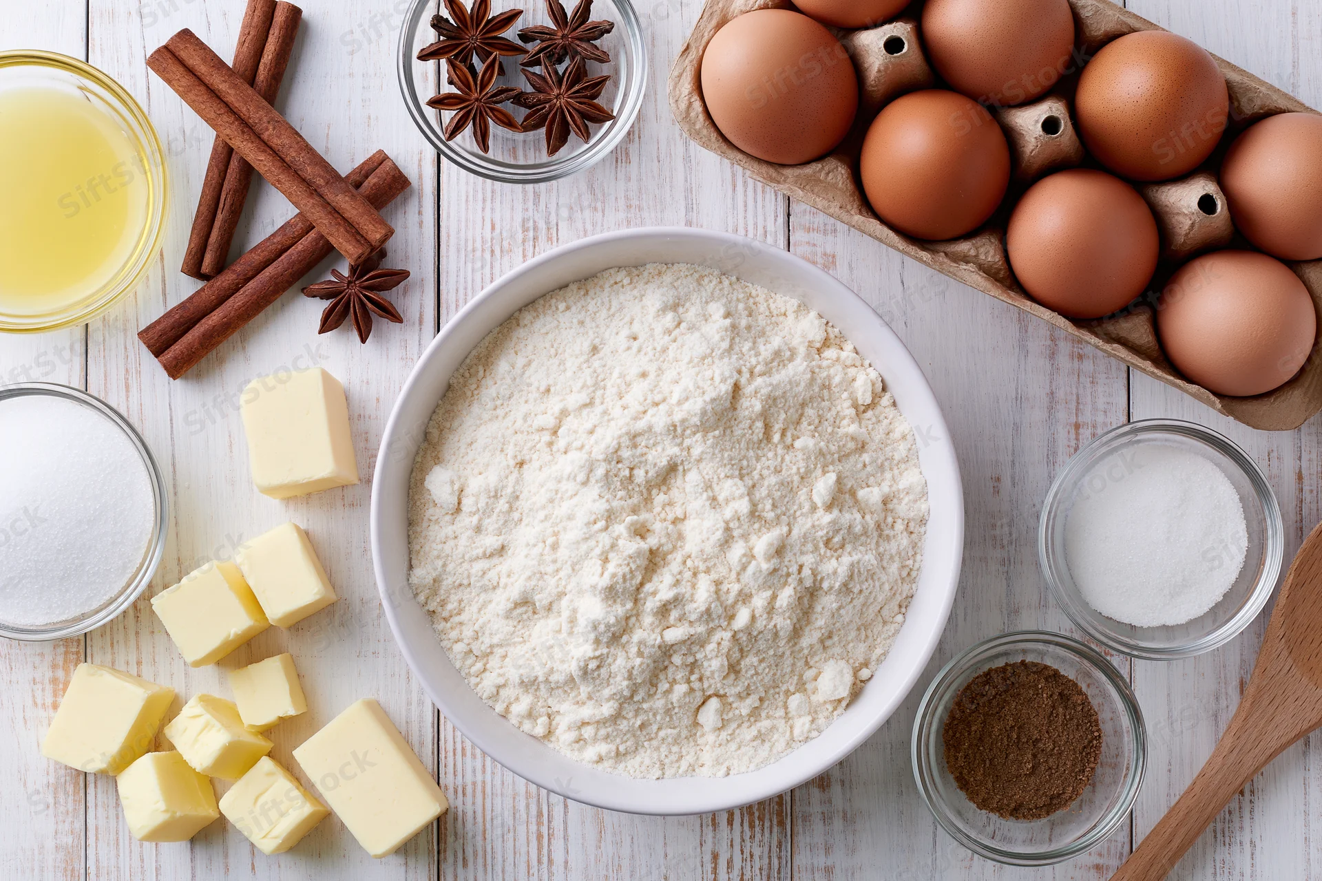 Baking ingredients arranged on a white wooden table with flour in a bowl, eggs in a carton, butter cubes, sugar, cinnamon sticks, star anise, salt, cocoa, and a wooden spoon