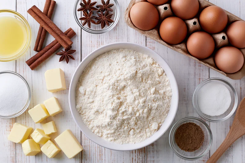 Baking ingredients arranged on a white wooden table with flour in a bowl, eggs in a carton, butter cubes, sugar, cinnamon sticks, star anise, salt, cocoa, and a wooden spoon