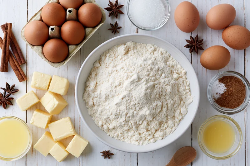 Flour in a white bowl surrounded by eggs, butter, cinnamon and star anise on a wooden table