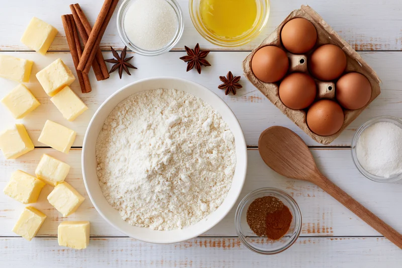 Baking ingredients arranged on a white wooden surface with flour in a bowl, eggs in a carton, butter cubes, spices and a wooden spoon