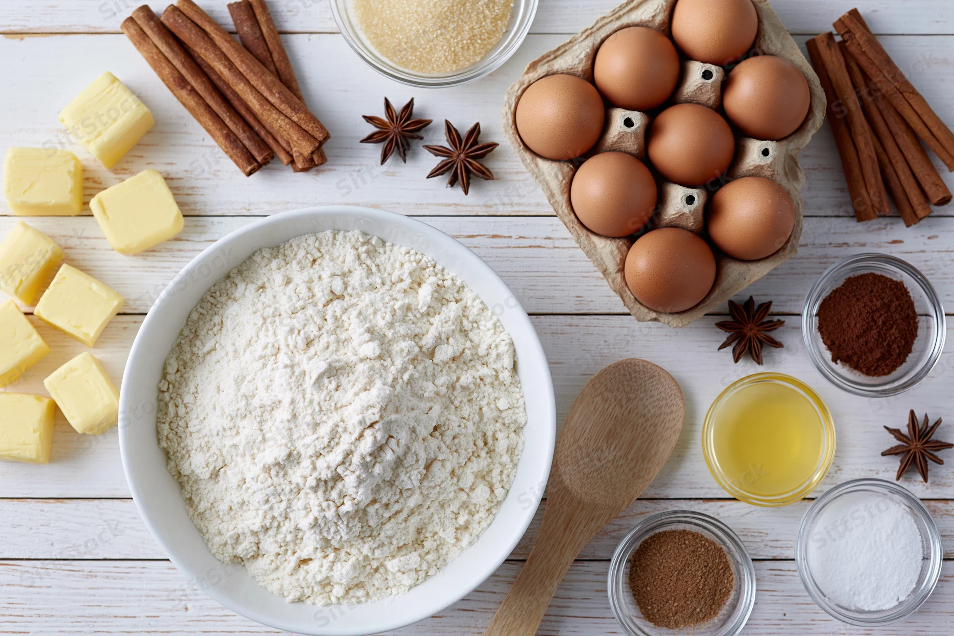 Baking ingredients arranged on a white wooden table with flour, eggs, butter, cinnamon and spices