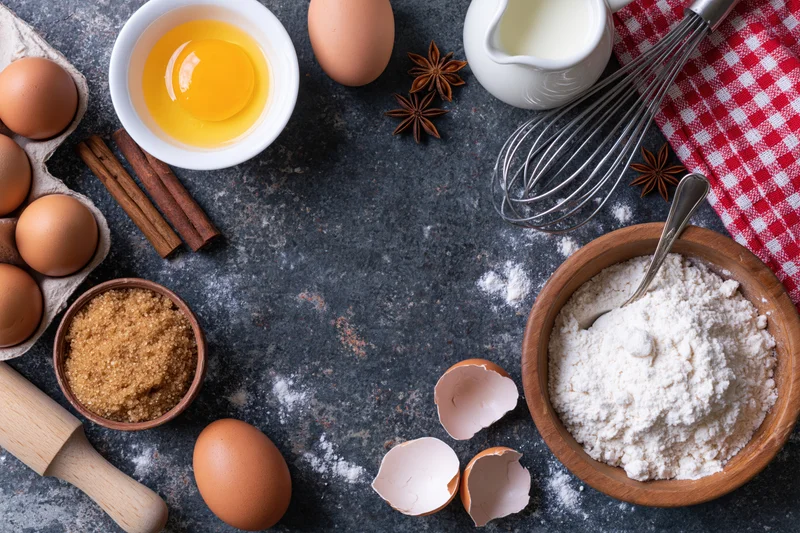 Baking ingredients arranged on dark countertop with copyspace