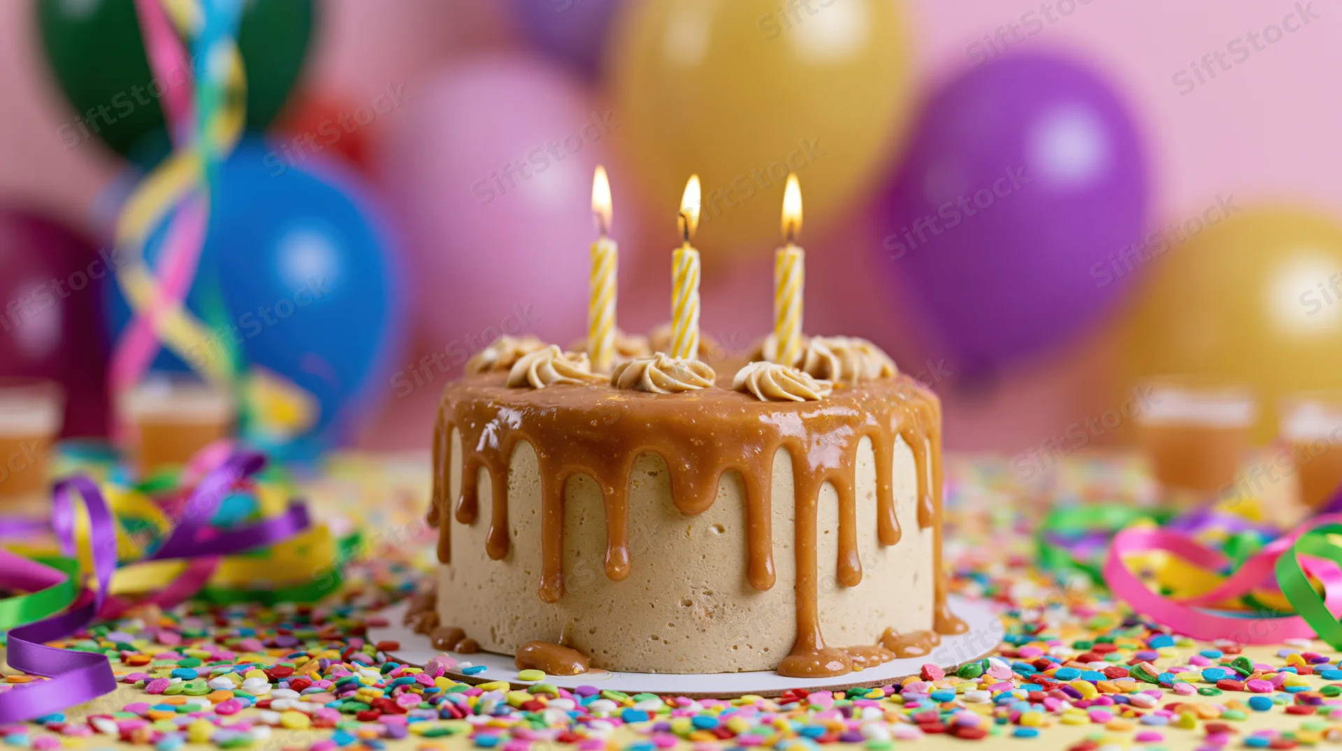 Caramel-drip birthday cake with lit candles on a confetti-covered table surrounded by balloons and streamers