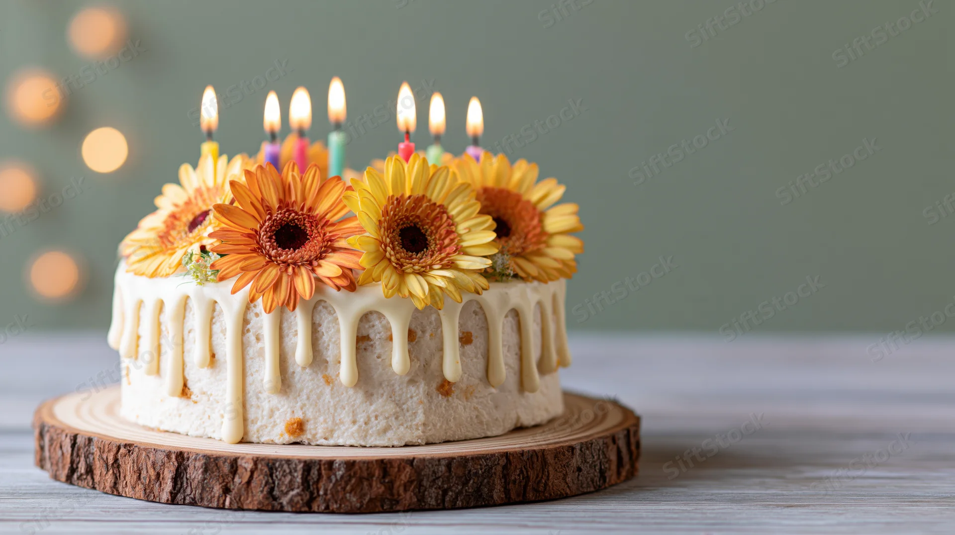 Birthday cake with lit candles and gerbera flowers on a wooden stand