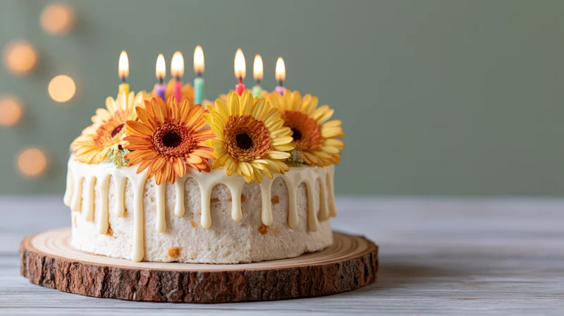 Birthday cake with lit candles and gerbera flowers on a wooden stand