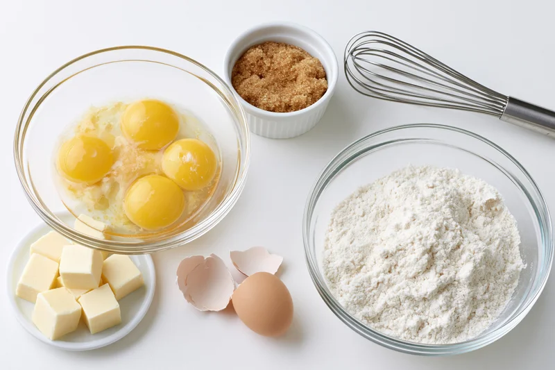 Baking ingredients arranged on white surface including flour, eggs, butter, sugar, and whisk
