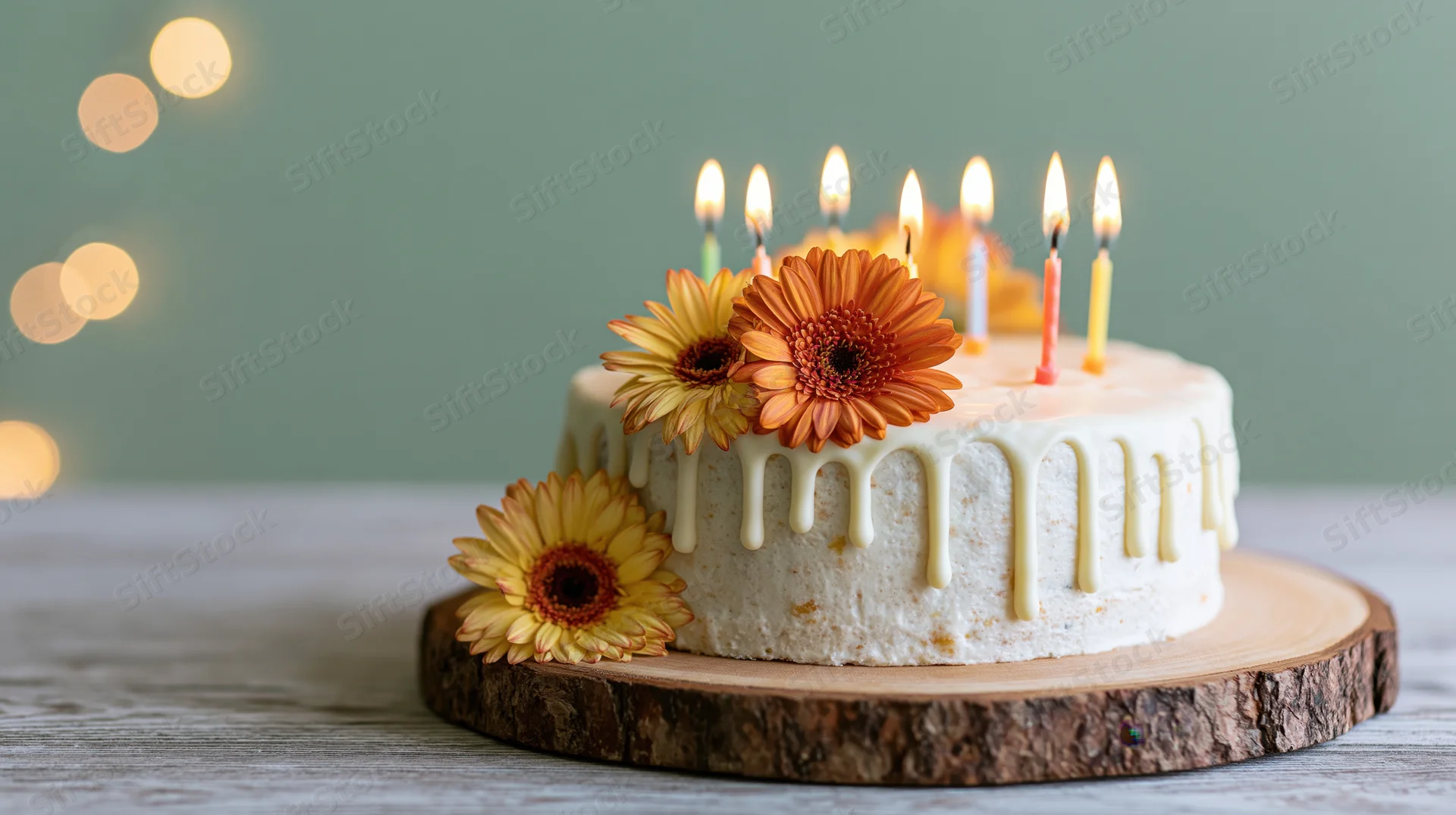 Birthday cake with lit candles and gerbera flowers on a wooden board