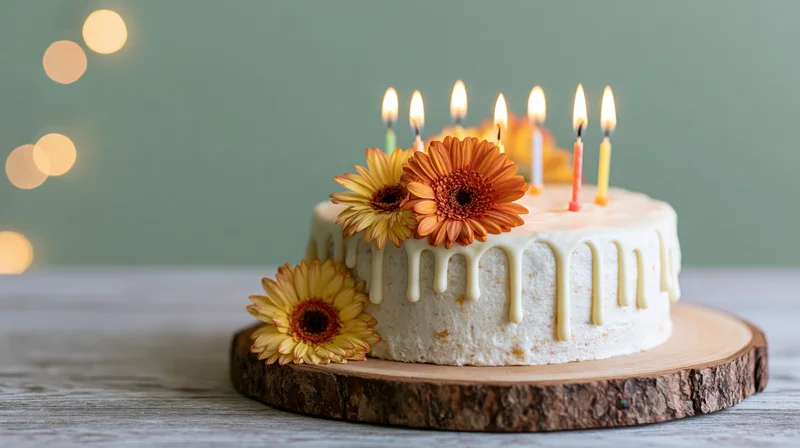 Birthday cake with lit candles and gerbera flowers on a wooden board