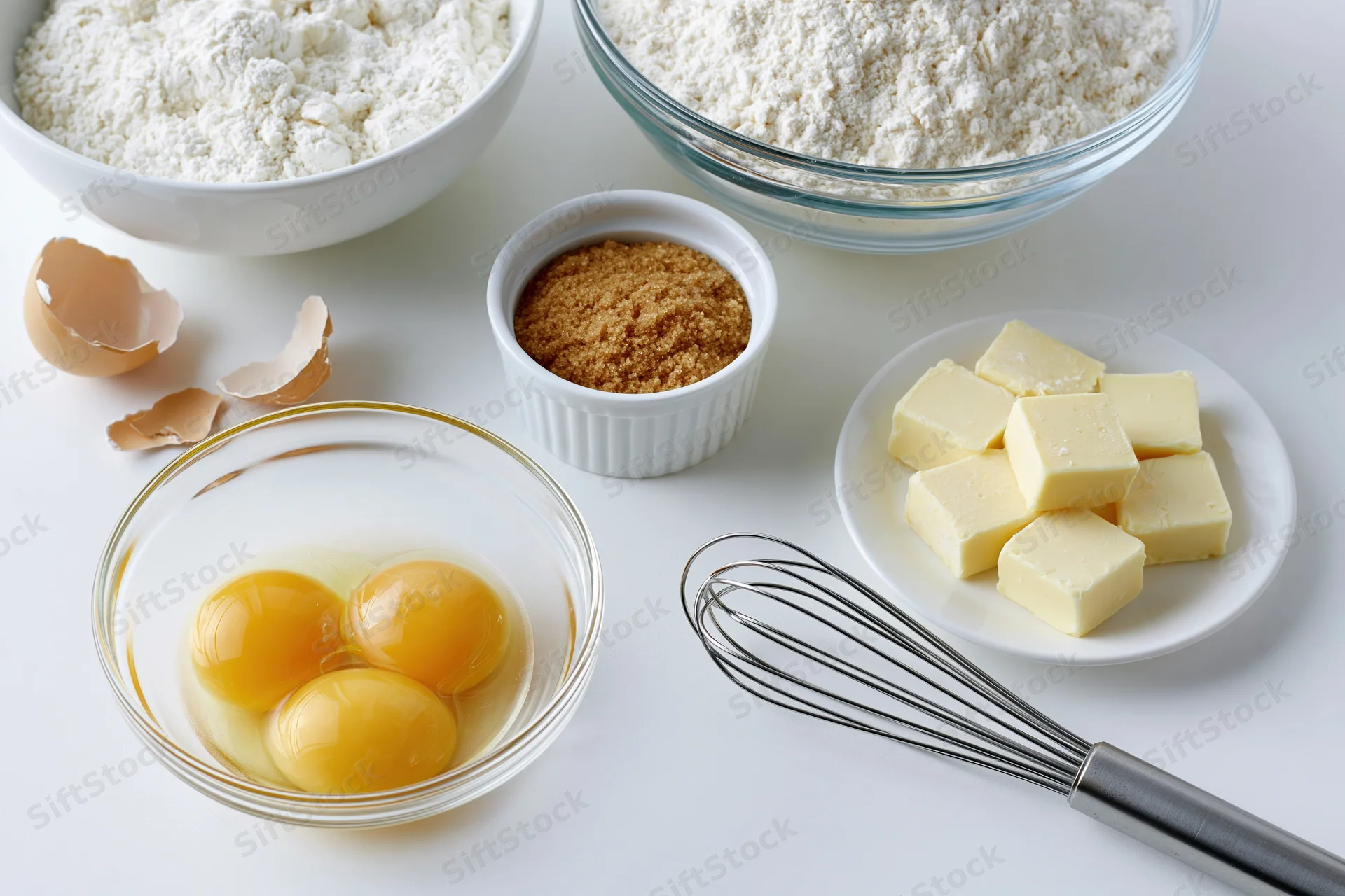 Baking ingredients arranged on a white countertop with bowls of flour, eggs, butter, sugar and a whisk