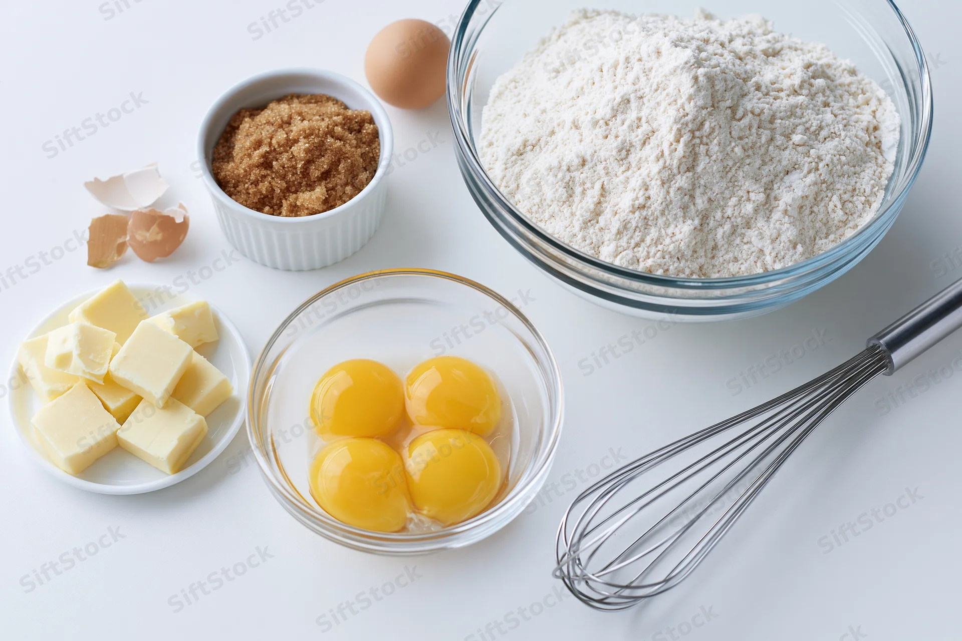 Baking ingredients arranged on white surface with flour, eggs, butter, sugar, and whisk