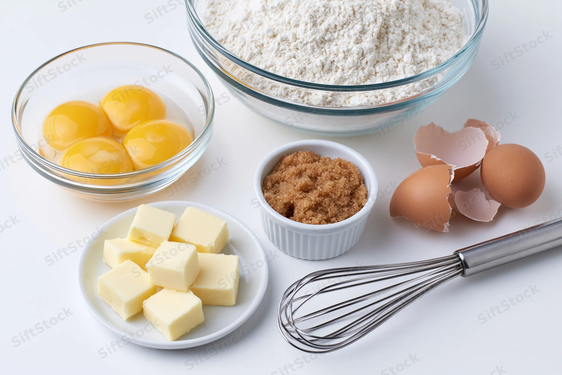 Baking ingredients arranged on white surface including flour, eggs, butter, sugar, and whisk
