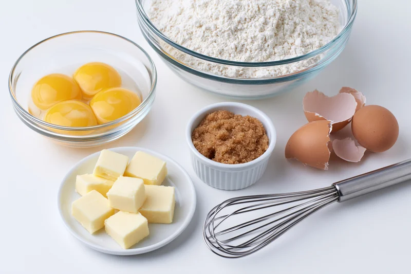 Baking ingredients arranged on white surface including flour, eggs, butter, sugar, and whisk