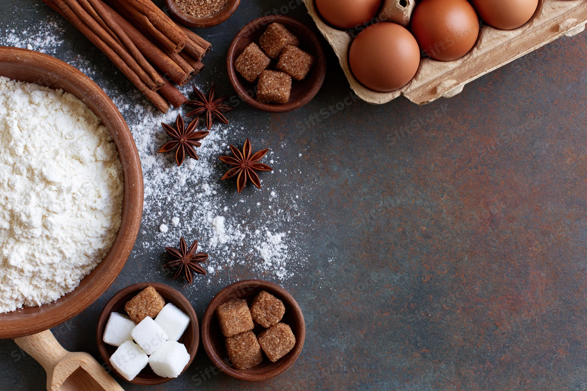 Baking ingredients arranged on dark textured surface with copyspace