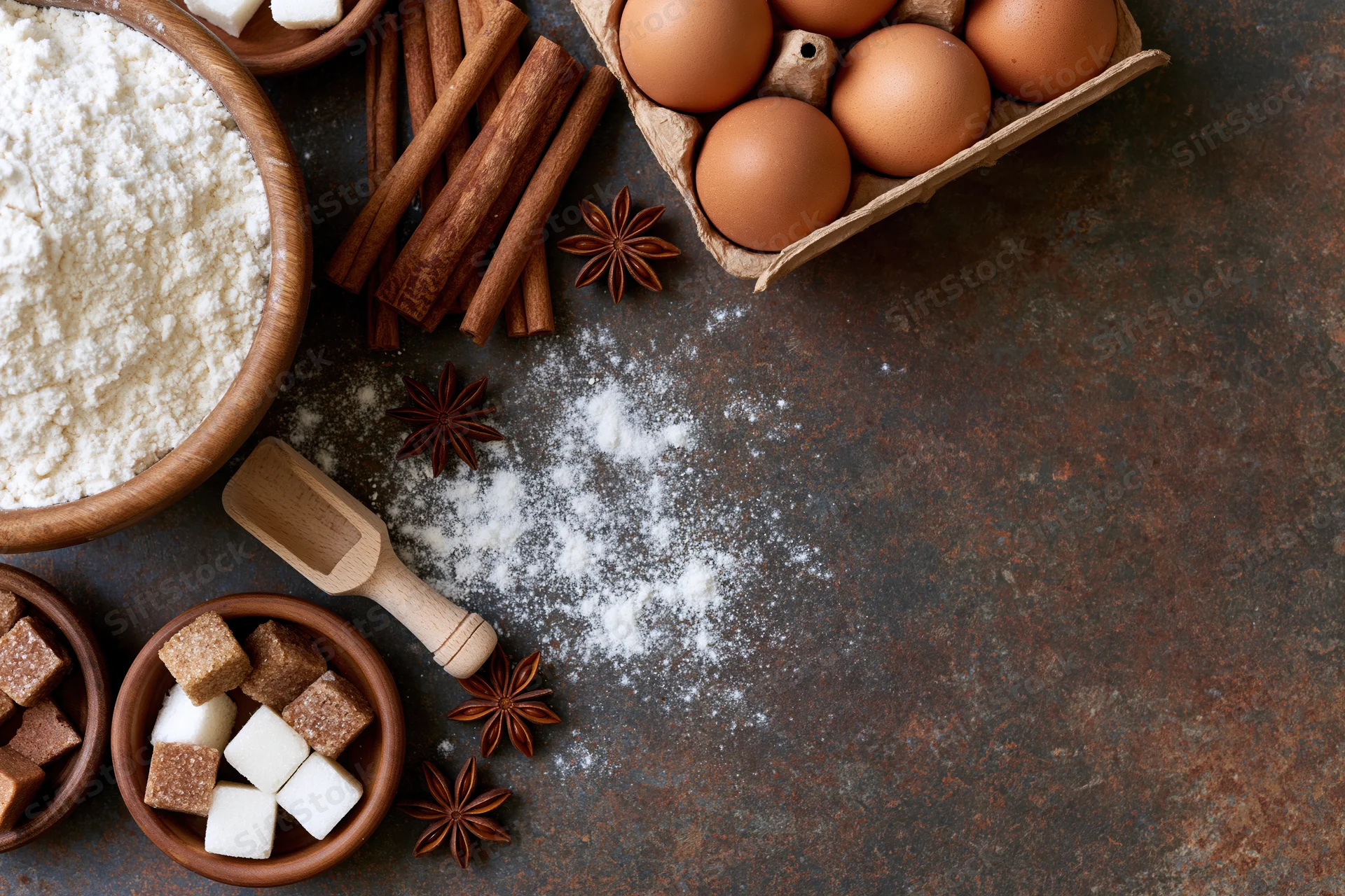 Baking ingredients arranged on a dark rustic surface with copyspace