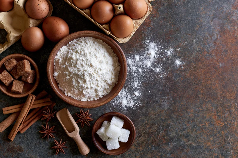 Baking ingredients arranged on a dark textured surface with copyspace