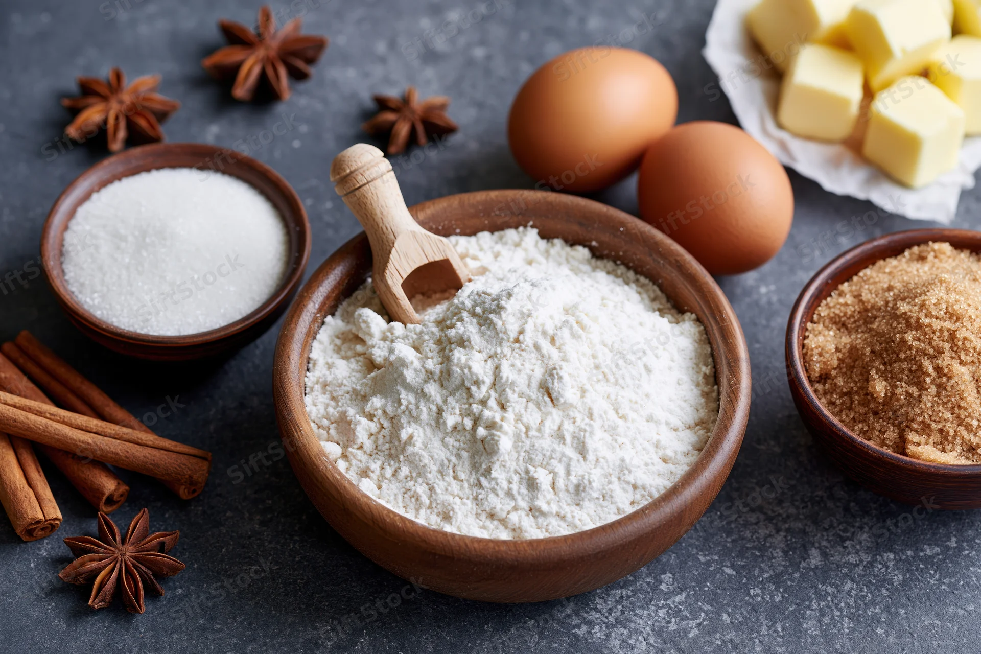 Flour in a wooden bowl with sugar, eggs, butter, cinnamon and star anise on a dark countertop