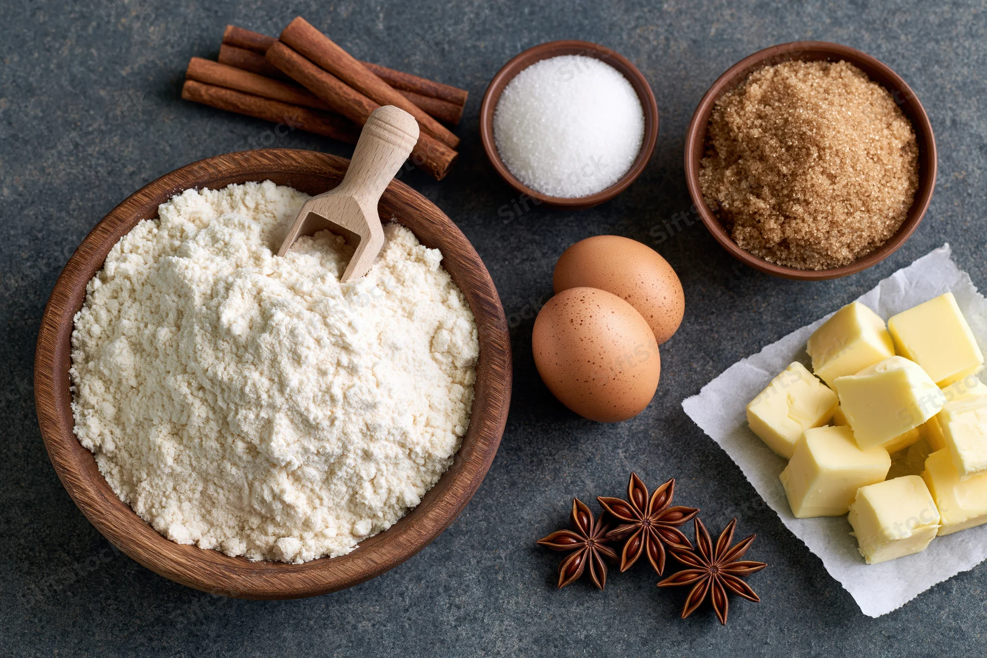 Baking ingredients arranged on dark countertop including flour, sugar, butter, eggs, cinnamon and star anise