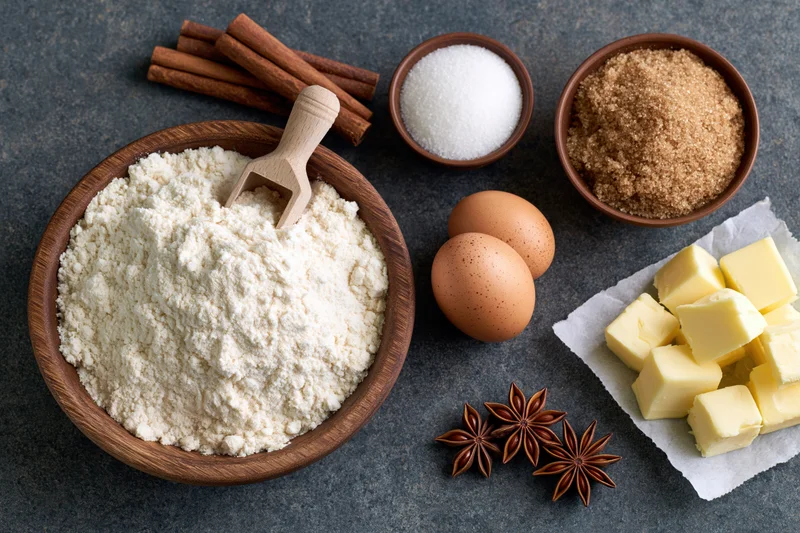 Baking ingredients arranged on dark countertop including flour, sugar, butter, eggs, cinnamon and star anise