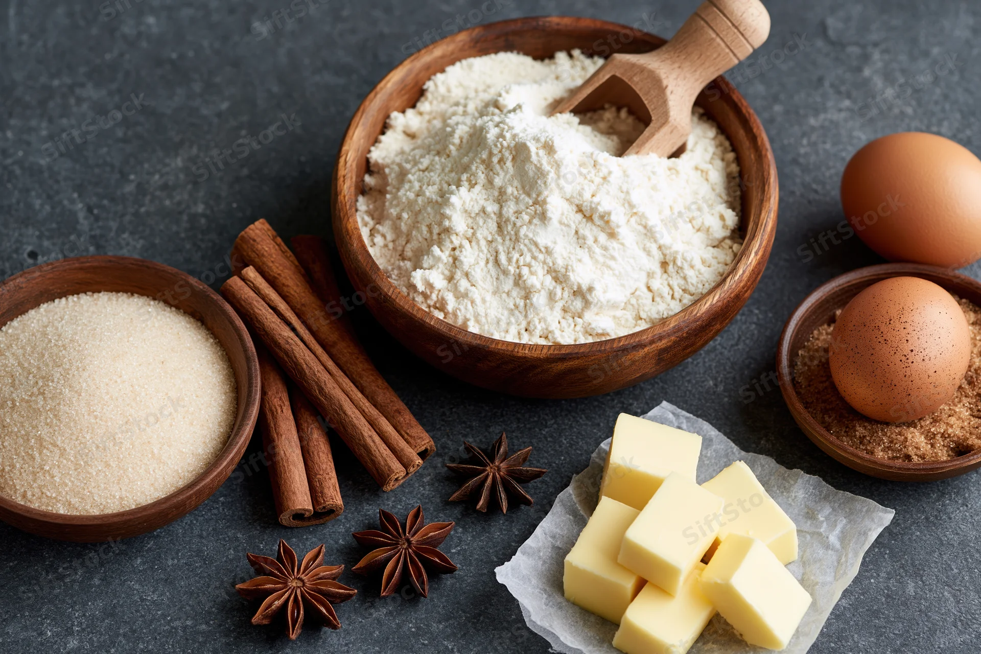 Baking ingredients arranged on dark countertop with flour, sugar, eggs, butter, cinnamon and star anise in wooden bowls and on parchment paper